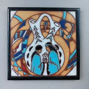 Earthtones Ceramic Tile Native Wedding Art Trivet Coaster Signed Southwest Retro